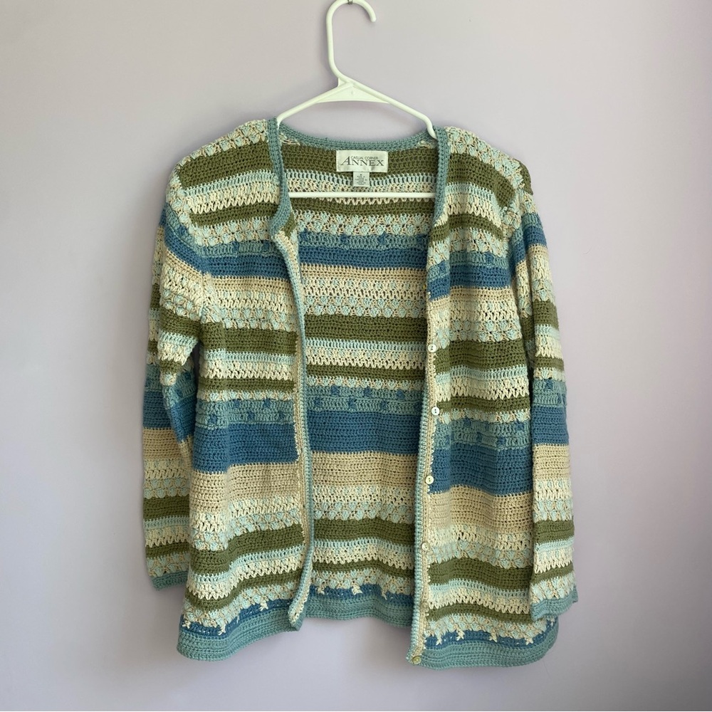 Women's Knit Striped Cardigan- Blue, Green, Cream